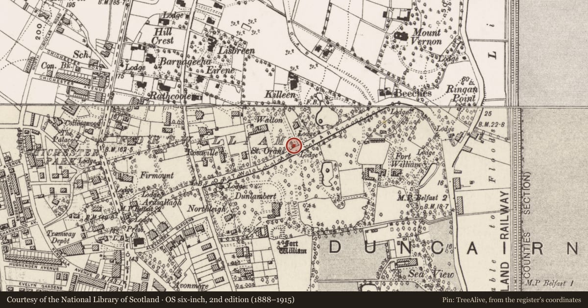 Ordnance Survey six-inch map, 2nd edition (1888–1915) covering the location of 40 Fortwilliam Park, Skegoneill, Belfast, with a pin at the register's coordinates