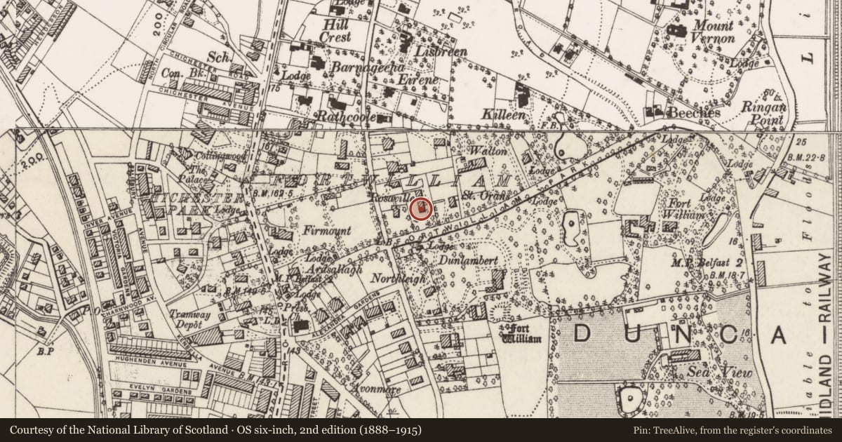 Ordnance Survey six-inch map, 2nd edition (1888–1915) covering the location of Fortwilliam Fold, Skegoneill, Belfast, with a pin at the register's coordinates