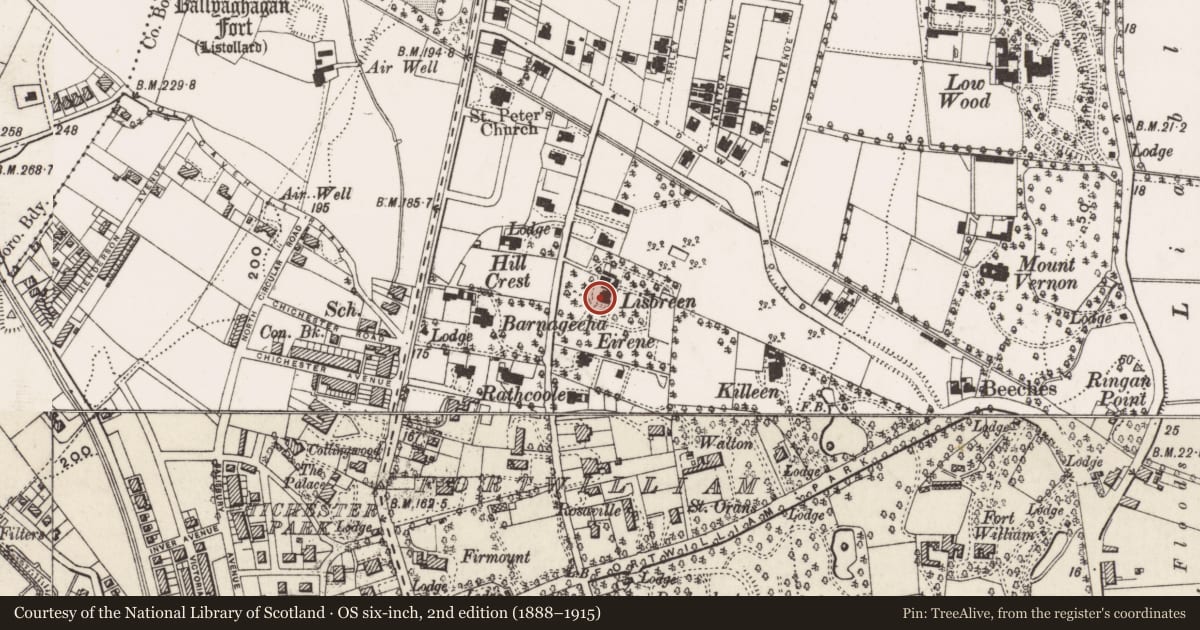 Ordnance Survey six-inch map, 2nd edition (1888–1915) covering the location of Lisbreen, Skegoneill, Belfast, with a pin at the register's coordinates