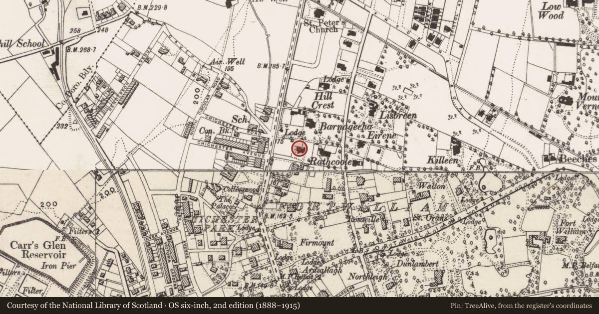 Ordnance Survey six-inch map, 2nd edition (1888–1915) covering the location of 605 Antrim Road, Skegoneill, Belfast, with a pin at the register's coordinates