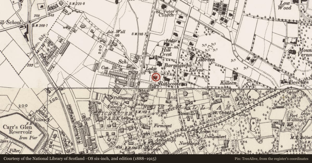 Ordnance Survey six-inch map, 2nd edition (1888–1915) covering the location of 607 Antrim Road, Skegoneill, Belfast, with a pin at the register's coordinates