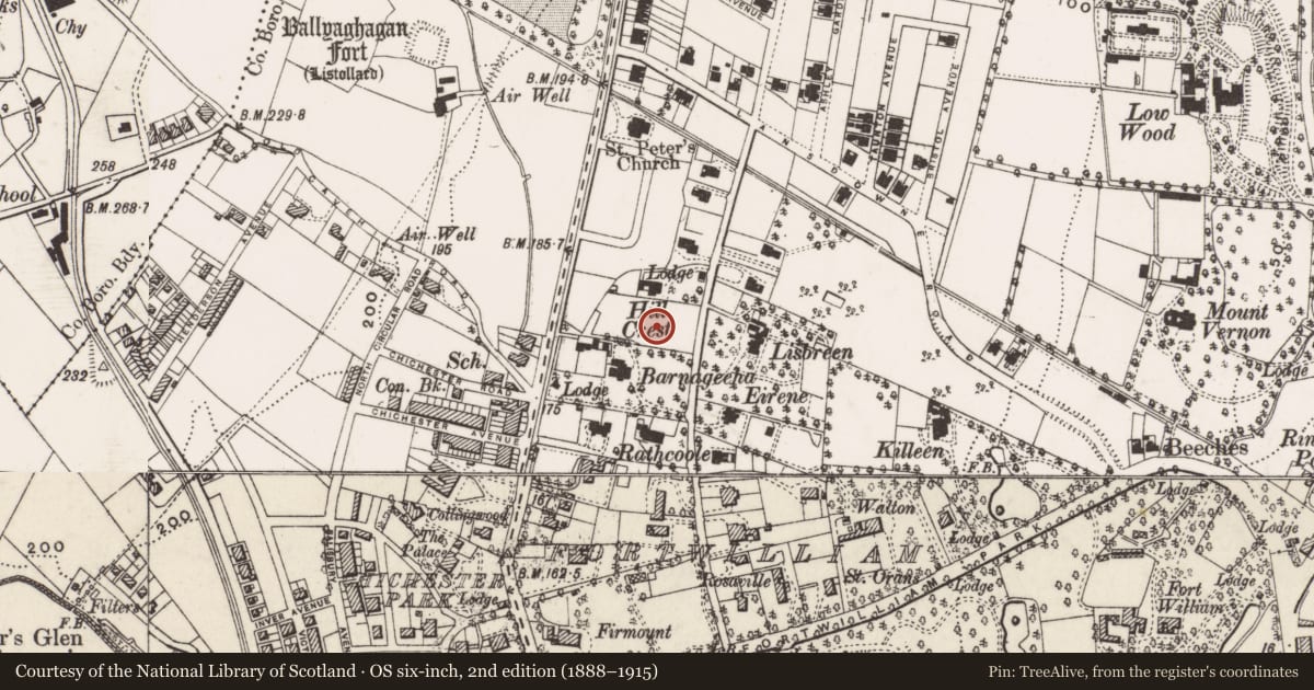 Ordnance Survey six-inch map, 2nd edition (1888–1915) covering the location of Tieve Tara, Skegoneill, Belfast, with a pin at the register's coordinates