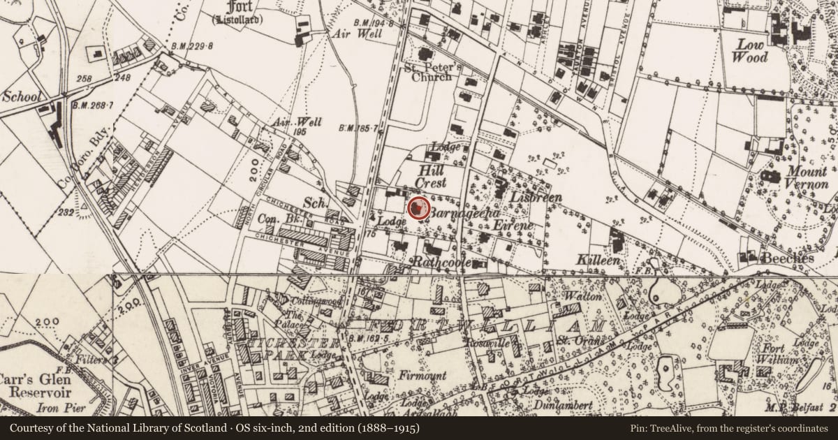 Ordnance Survey six-inch map, 2nd edition (1888–1915) covering the location of Barnageeha, Skegoneill, Belfast, with a pin at the register's coordinates