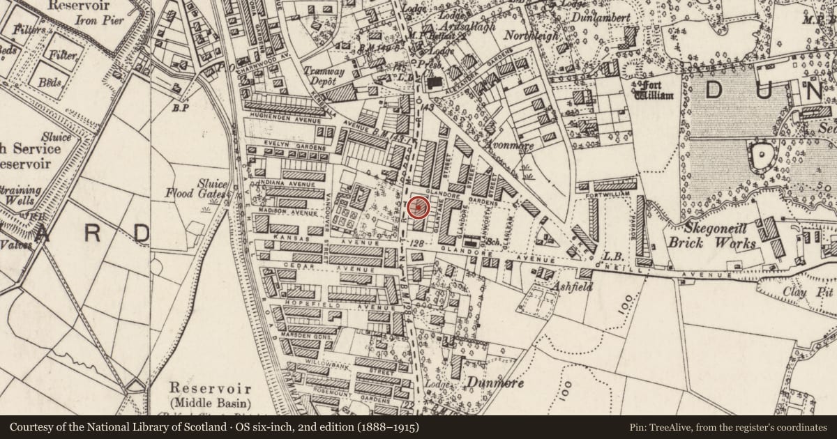 Ordnance Survey six-inch map, 2nd edition (1888–1915) covering the location of 525 Antrim Road, Skegoneill, Belfast, with a pin at the register's coordinates