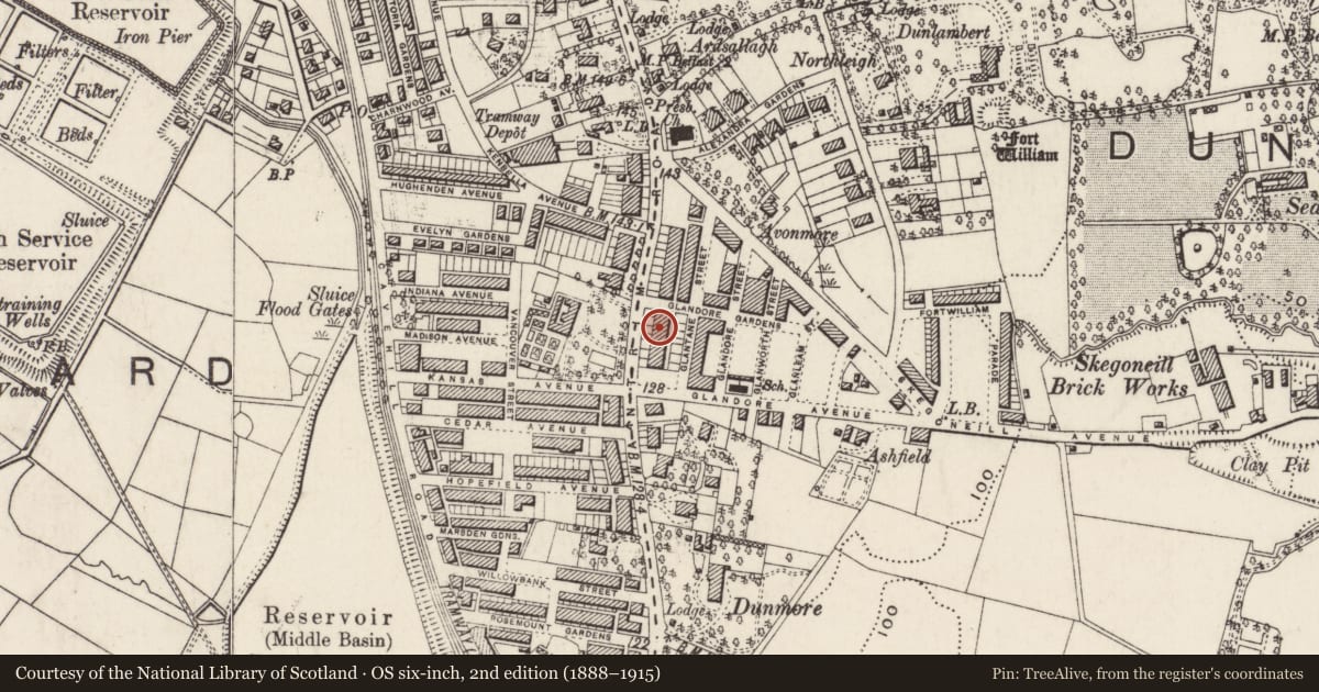 Ordnance Survey six-inch map, 2nd edition (1888–1915) covering the location of 527 Antrim Road, Skegoneill, Belfast, with a pin at the register's coordinates