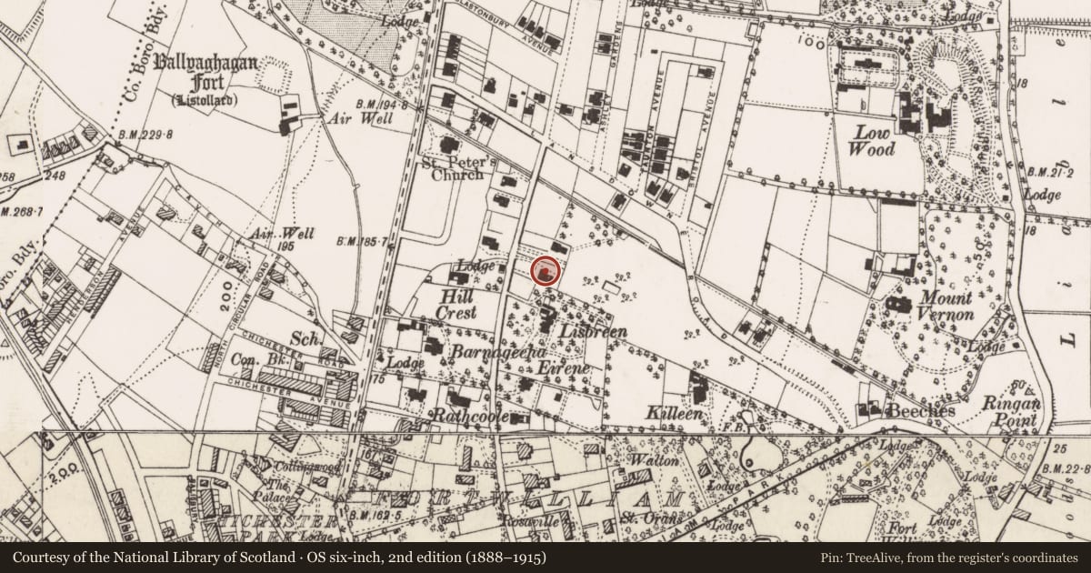 Ordnance Survey six-inch map, 2nd edition (1888–1915) covering the location of Somerton Private Nursing Home For the E M I, Skegoneill, Belfast, with a pin at the register's coordinates