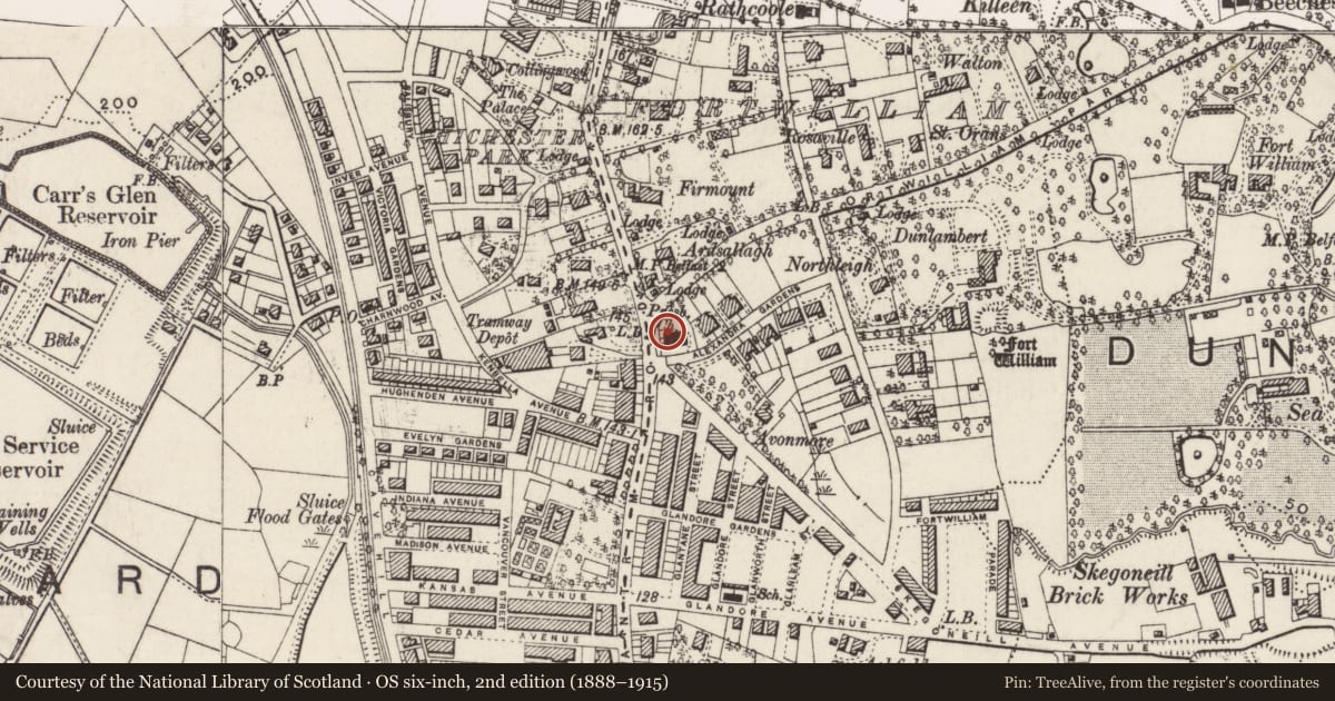 Ordnance Survey six-inch map, 2nd edition (1888–1915) covering the location of Fortwilliam & Macrory Presbyterian Church, Skegoneill, Belfast, with a pin at the register's coordinates