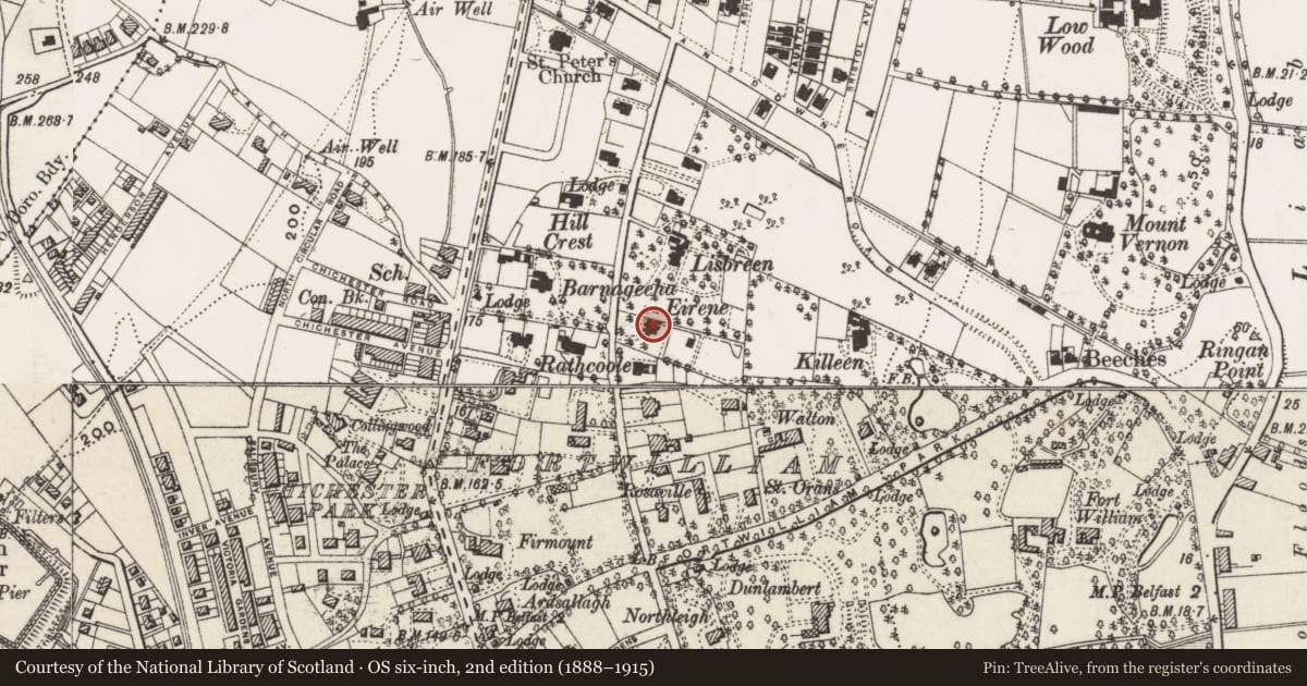 Ordnance Survey six-inch map, 2nd edition (1888–1915) covering the location of 71 Somerton Road, Skegoneill, Belfast, with a pin at the register's coordinates