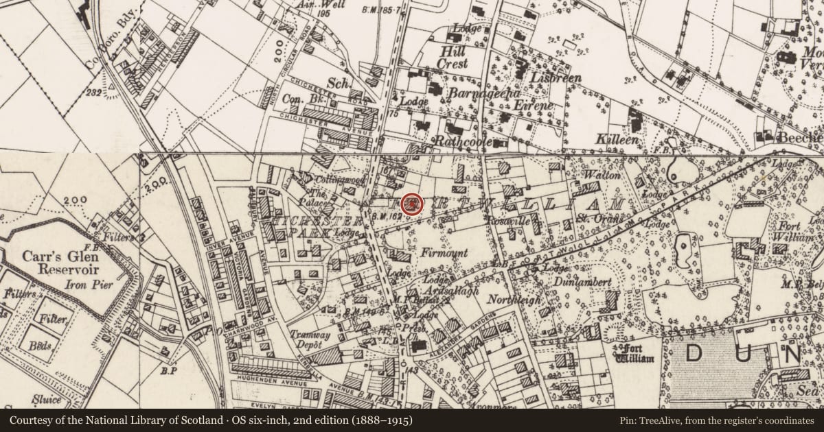 Ordnance Survey six-inch map, 2nd edition (1888–1915) covering the location of 587 Antrim Road, Skegoneill, Belfast, with a pin at the register's coordinates