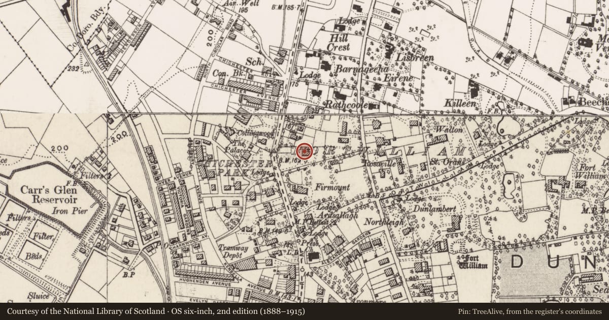 Ordnance Survey six-inch map, 2nd edition (1888–1915) covering the location of 585 Antrim Road, Skegoneill, Belfast, with a pin at the register's coordinates