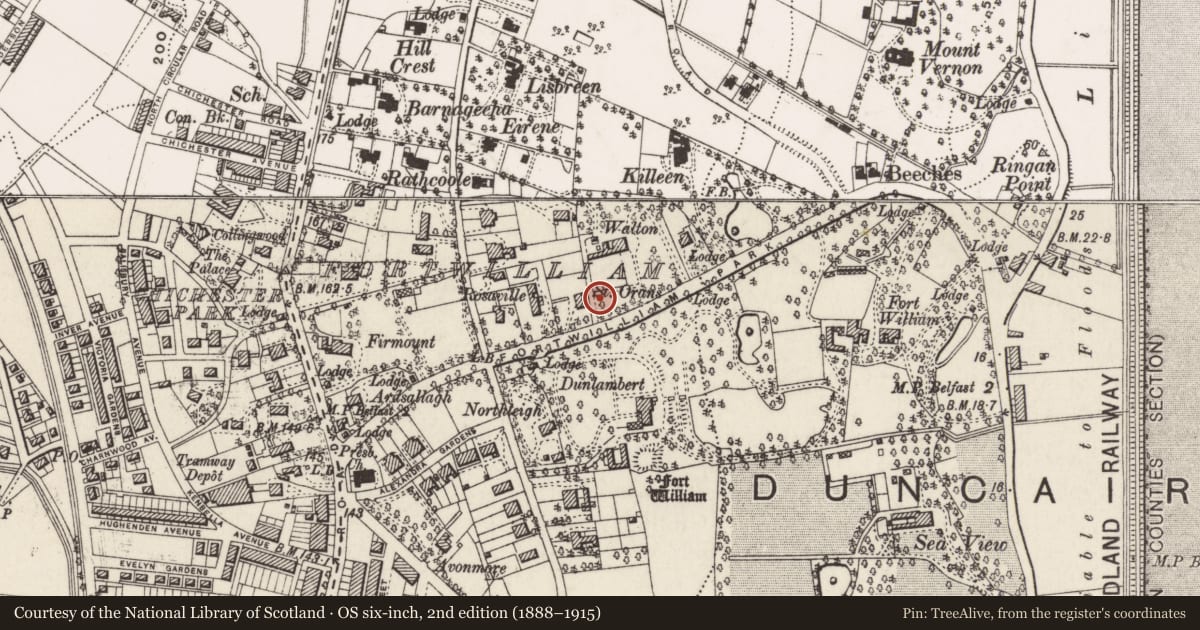 Ordnance Survey six-inch map, 2nd edition (1888–1915) covering the location of 34 Fortwilliam Park, with a pin at the register's coordinates