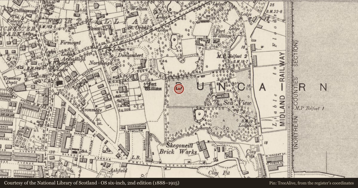 Ordnance Survey six-inch map, 2nd edition (1888–1915) covering the location of Seaview Primary School, Skegoneill, Belfast, with a pin at the register's coordinates