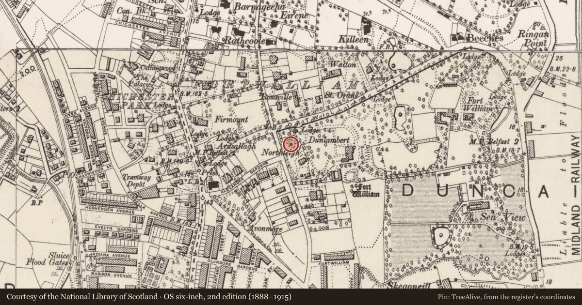 Ordnance Survey six-inch map, 2nd edition (1888–1915) covering the location of The Synagogue, Skegoneill, Belfast, with a pin at the register's coordinates