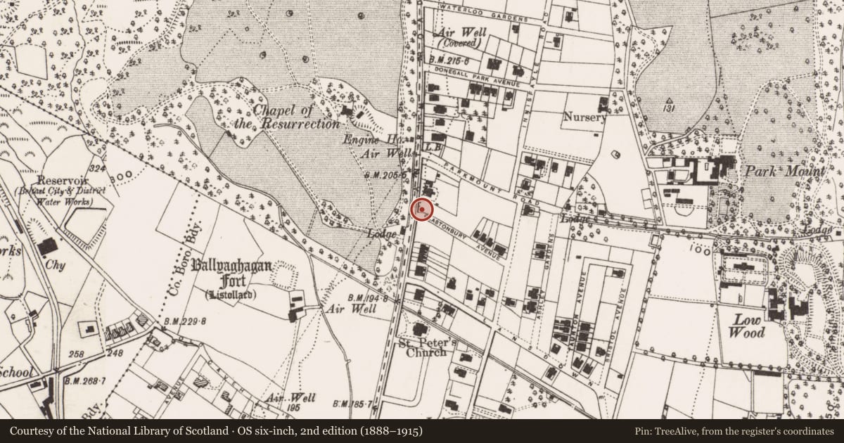 Ordnance Survey six-inch map, 2nd edition (1888–1915) covering the location of Street Sign on Glastonbury Avenue on corner with Antrim Road, Belfast, Low-Wood, Belfast, with a pin at the register's coordinates