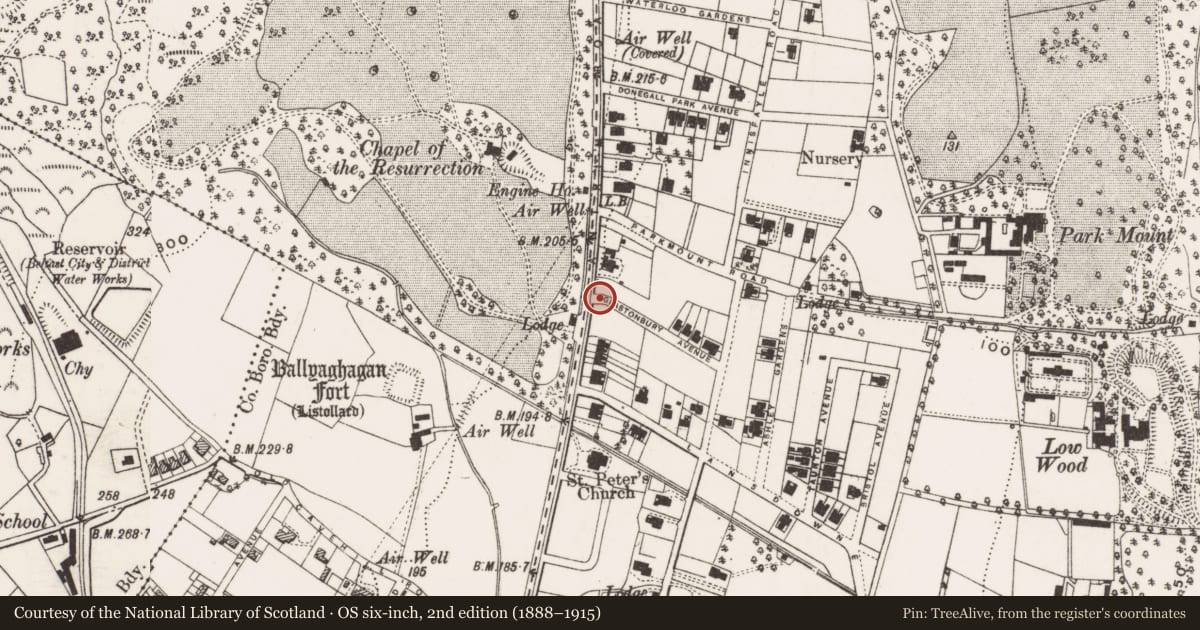 Ordnance Survey six-inch map, 2nd edition (1888–1915) covering the location of Street Sign 2 on Glastonbury Avenue on corner with Antrim Road, Belfast, Low-Wood, Belfast, with a pin at the register's coordinates