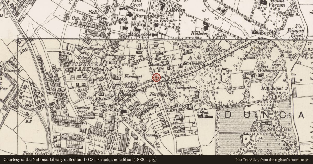 Ordnance Survey six-inch map, 2nd edition (1888–1915) covering the location of Street Sign on Fortwilliam Park on corner with Somerton Road, Belfast, Low-Wood, Belfast, with a pin at the register's coordinates