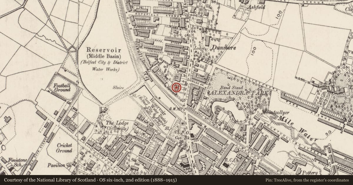 Ordnance Survey six-inch map, 2nd edition (1888–1915) covering the location of 268 Antrim Road, Skegoneill, Belfast, with a pin at the register's coordinates