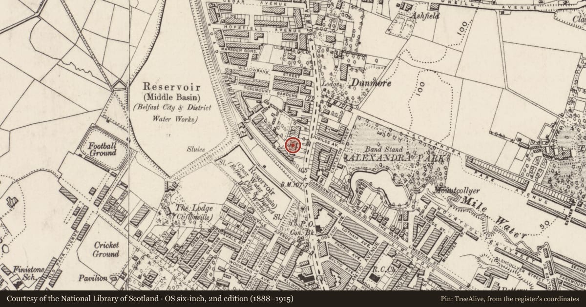 Ordnance Survey six-inch map, 2nd edition (1888–1915) covering the location of 270 Antrim Road, Skegoneill, Belfast, with a pin at the register's coordinates