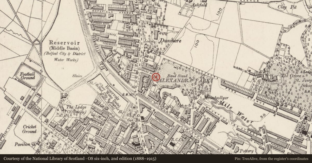 Ordnance Survey six-inch map, 2nd edition (1888–1915) covering the location of Alexandra Park Lodge and gate screens, Skegoneill, Belfast, with a pin at the register's coordinates