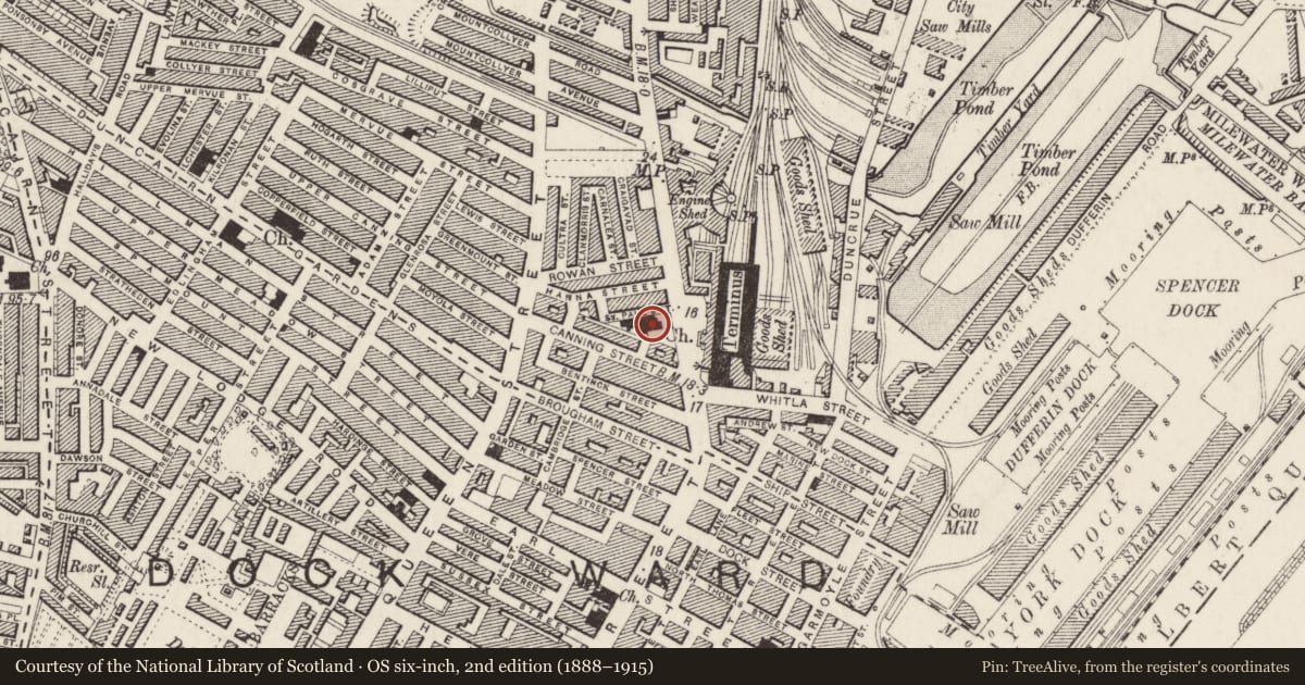 Ordnance Survey six-inch map, 2nd edition (1888–1915) covering the location of St Pauls Church of Ireland, Town Parks, Belfast, with a pin at the register's coordinates