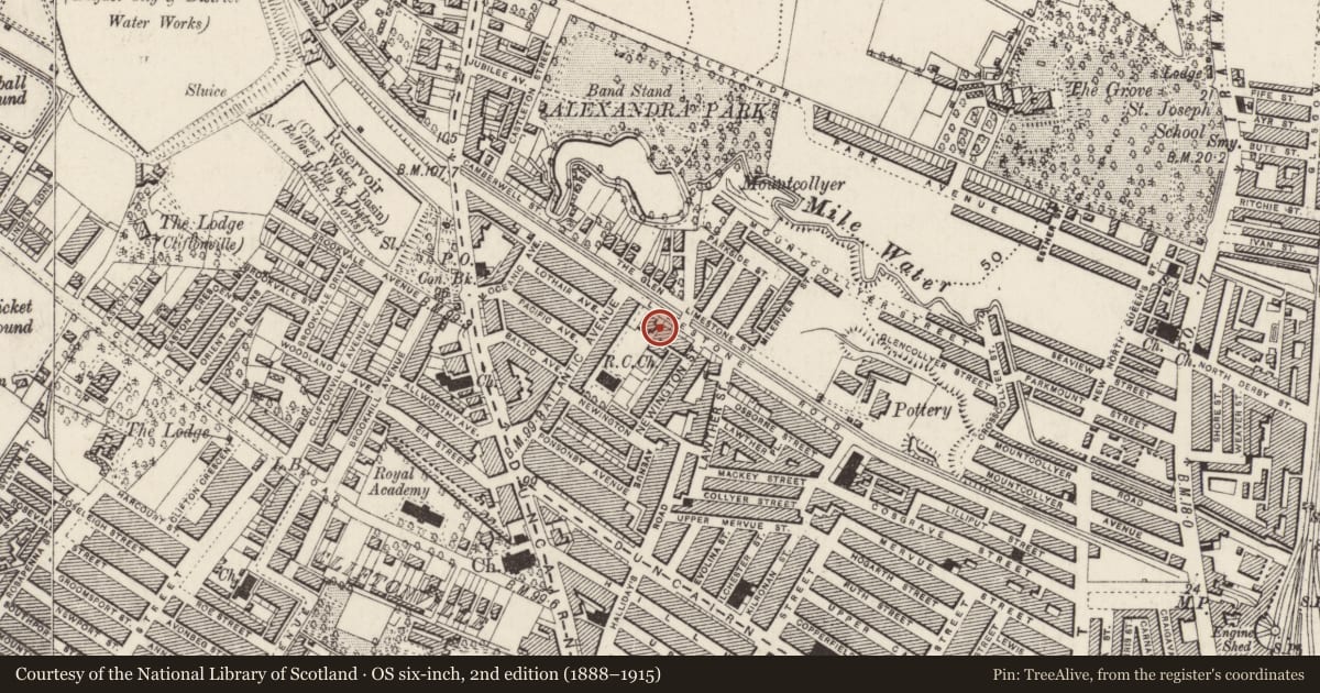 Ordnance Survey six-inch map, 2nd edition (1888–1915) covering the location of Holy Family Pastoral Centre, Town Parks, Belfast, with a pin at the register's coordinates