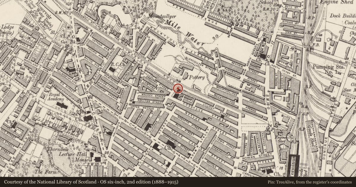 Ordnance Survey six-inch map, 2nd edition (1888–1915) covering the location of Newington Presbyterian Church Limestone Road, Town Parks, Belfast, with a pin at the register's coordinates