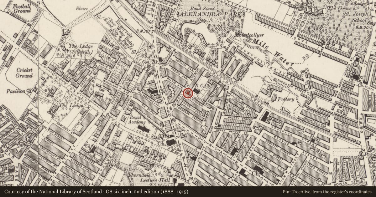 Ordnance Survey six-inch map, 2nd edition (1888–1915) covering the location of Gate lodge to Holy Family Primary School, Town Parks, Belfast, with a pin at the register's coordinates