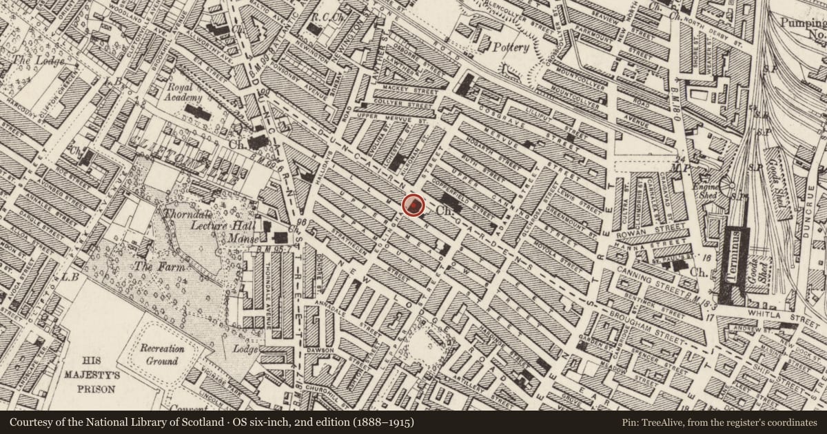 Ordnance Survey six-inch map, 2nd edition (1888–1915) covering the location of Macrory Prebyterian Church, Town Parks, Belfast, with a pin at the register's coordinates