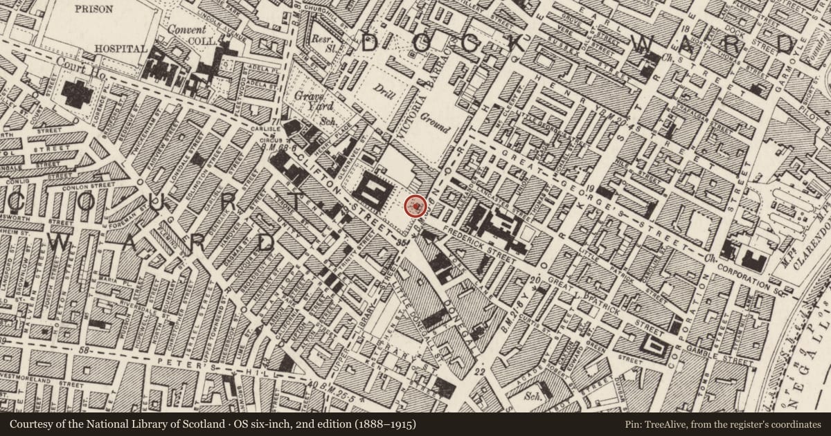 Ordnance Survey six-inch map, 2nd edition (1888–1915) covering the location of Gate Lodge, Town Parks, Belfast, with a pin at the register's coordinates