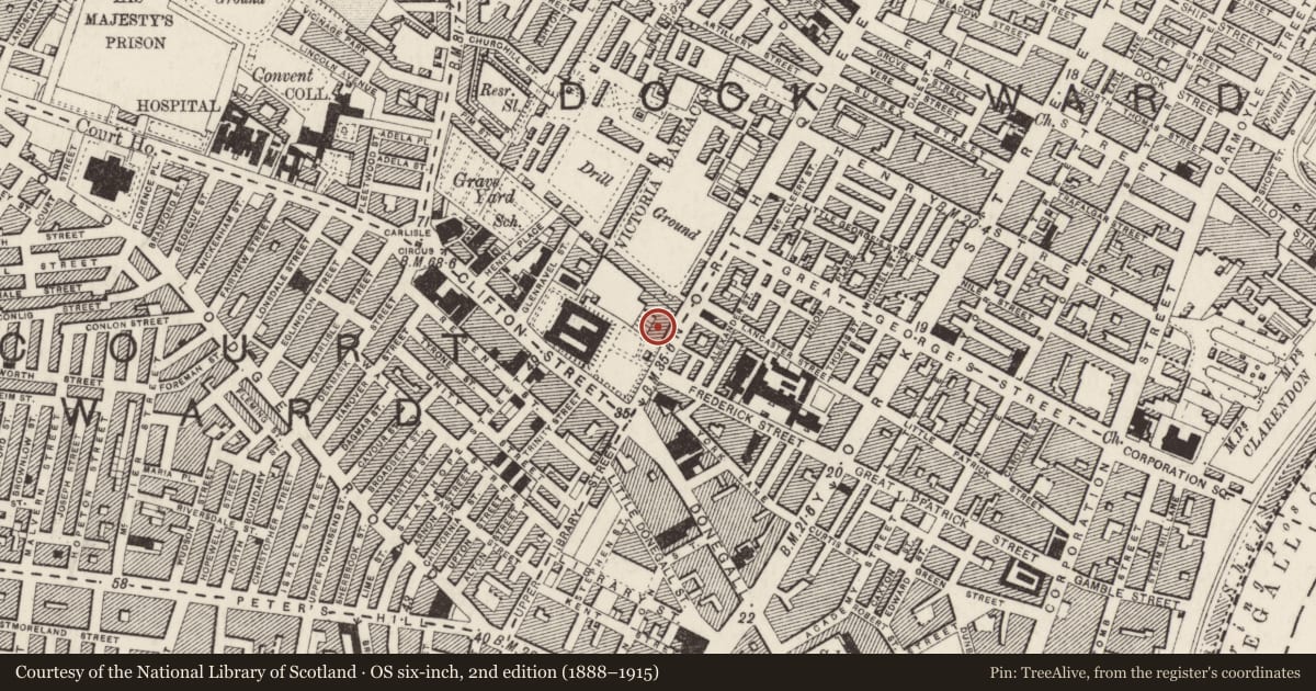 Ordnance Survey six-inch map, 2nd edition (1888–1915) covering the location of 2-14 North Queen Street, Belfast, with a pin at the register's coordinates