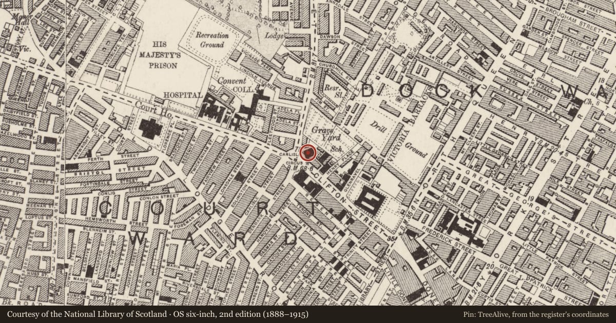 Ordnance Survey six-inch map, 2nd edition (1888–1915) covering the location of St Enoch's Presbyterian Church, Carlisle Circus, Town Parks, Belfast, with a pin at the register's coordinates