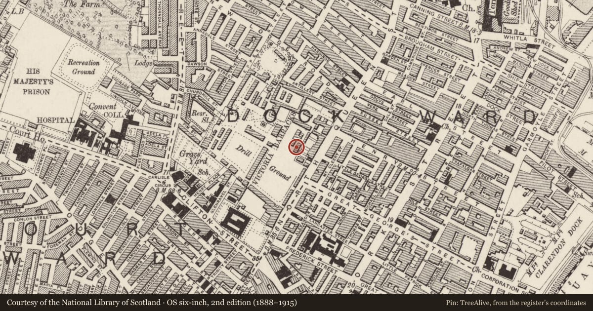Ordnance Survey six-inch map, 2nd edition (1888–1915) covering the location of North Queen Street Community Centre, Belfast Town Parks, Belfast, with a pin at the register's coordinates