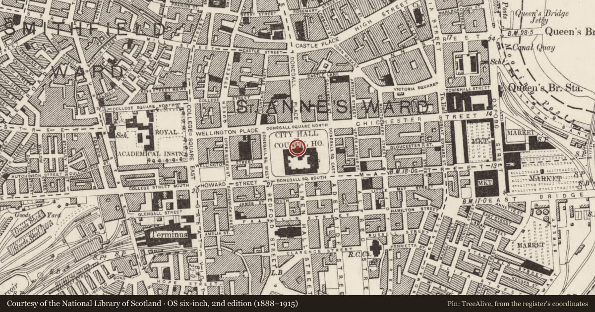 Ordnance Survey six-inch map, 2nd edition (1888–1915) covering the location of Belfast City Hall, Town parks, Belfast, with a pin at the register's coordinates