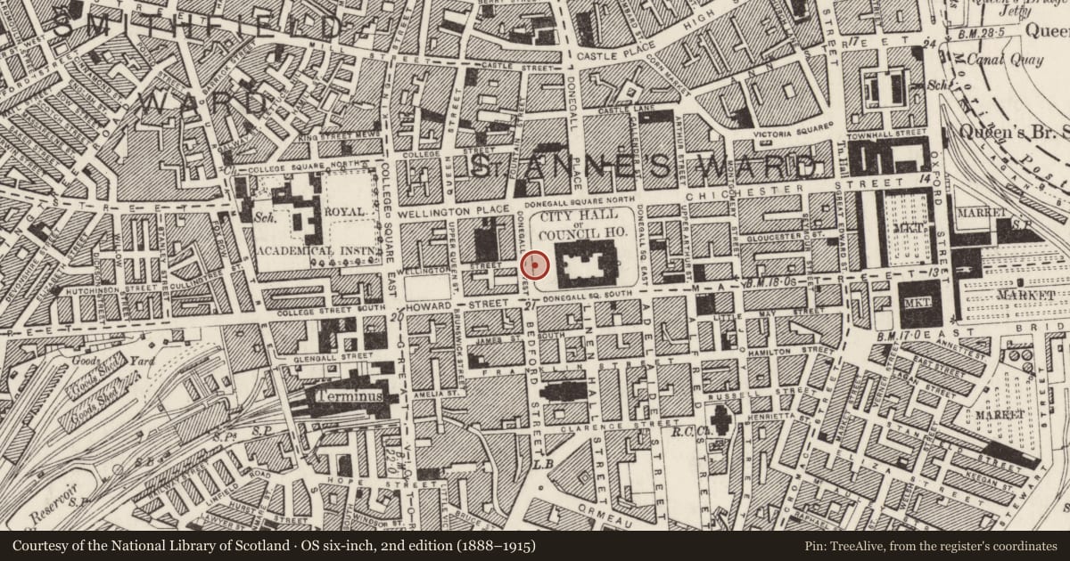Ordnance Survey six-inch map, 2nd edition (1888–1915) covering the location of First Marquis of Dufferin Memorial, Town Parks, Belfast, with a pin at the register's coordinates