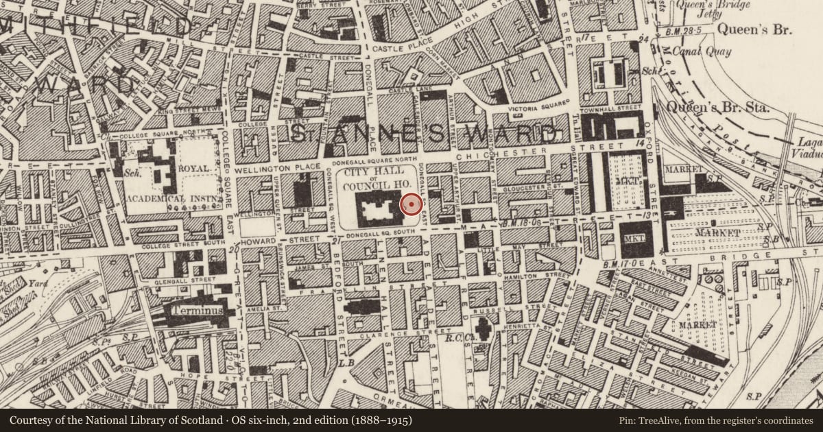 Ordnance Survey six-inch map, 2nd edition (1888–1915) covering the location of Boer War Monument, Town Parks, Belfast, with a pin at the register's coordinates