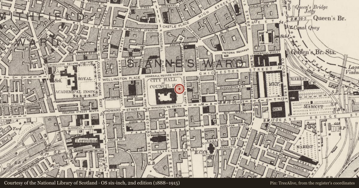 Ordnance Survey six-inch map, 2nd edition (1888–1915) covering the location of Titanic Memorial, Town Parks, Belfast, with a pin at the register's coordinates