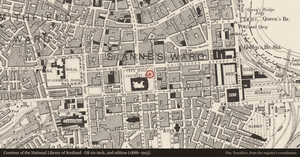 Ordnance Survey six-inch map, 2nd edition (1888–1915) covering the location of Sir Edward Harland Memorial, Town Parks, Belfast, with a pin at the register's coordinates