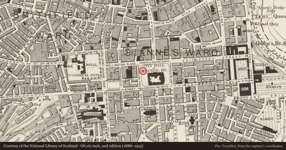 Ordnance Survey six-inch map, 2nd edition (1888–1915) covering the location of Sir Robert McMordie Memorial, Town Parks, Belfast, with a pin at the register's coordinates