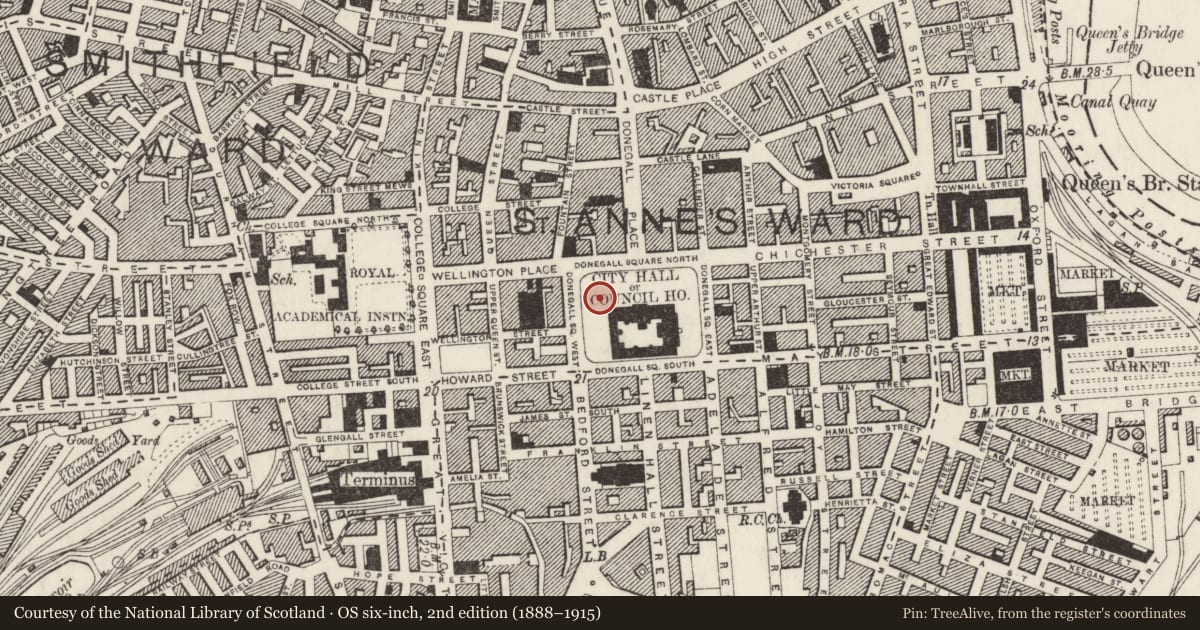 Ordnance Survey six-inch map, 2nd edition (1888–1915) covering the location of Sir Daniel Dixon Memorial, Town Parks, Belfast, with a pin at the register's coordinates