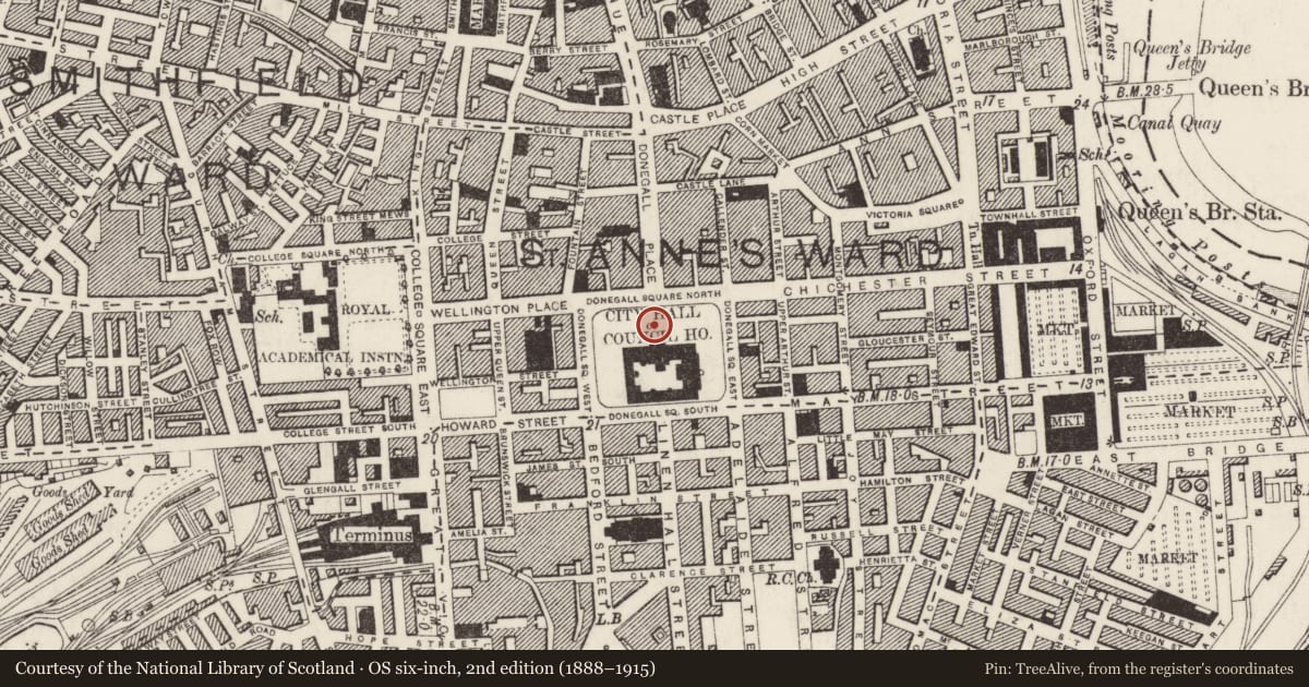 Ordnance Survey six-inch map, 2nd edition (1888–1915) covering the location of Victoria Monument, Town Parks, Belfast, with a pin at the register's coordinates
