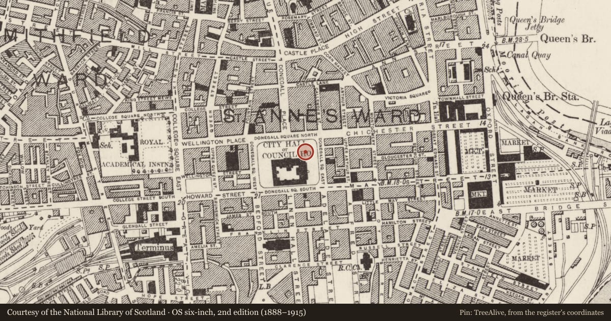 Ordnance Survey six-inch map, 2nd edition (1888–1915) covering the location of Sir James Haslett Memorial, Town Parks, Belfast, with a pin at the register's coordinates
