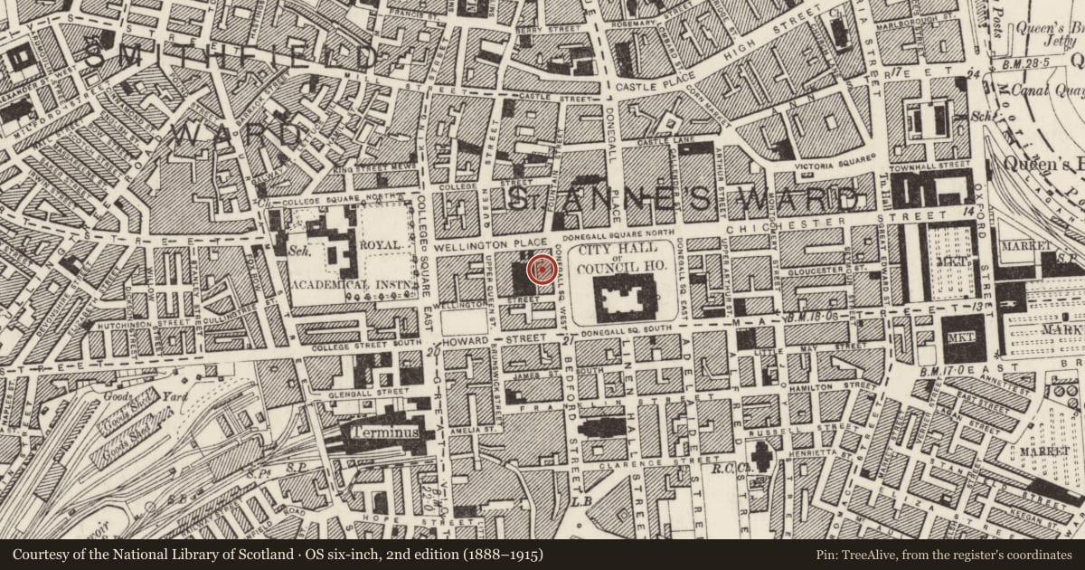Ordnance Survey six-inch map, 2nd edition (1888–1915) covering the location of Scottish Provident Building, Town Parks, Belfast, with a pin at the register's coordinates