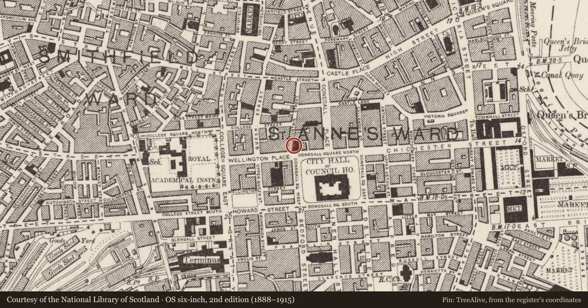 Ordnance Survey six-inch map, 2nd edition (1888–1915) covering the location of Linen Hall Library, Malone Lower, Belfast, with a pin at the register's coordinates