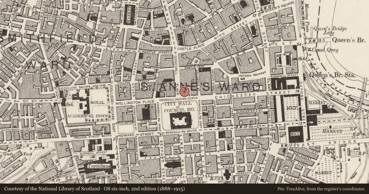 Ordnance Survey six-inch map, 2nd edition (1888–1915) covering the location of 56-58 Donegall Place, Town Parks, Belfast, with a pin at the register's coordinates