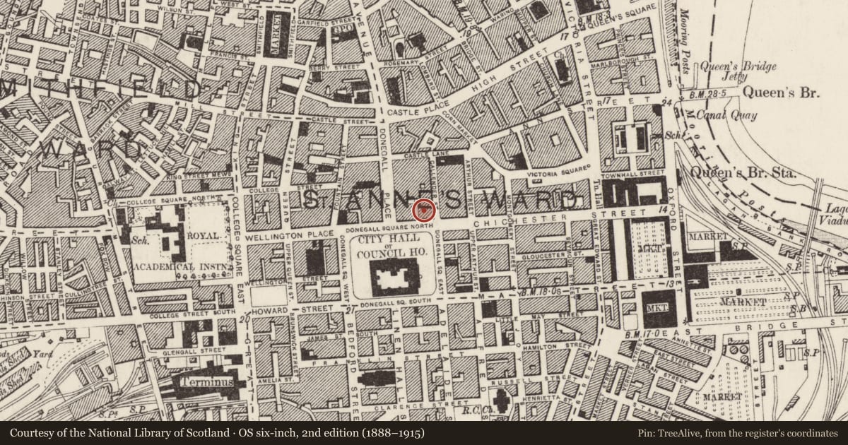 Ordnance Survey six-inch map, 2nd edition (1888–1915) covering the location of Former Water Office, Town Parks, Belfast, with a pin at the register's coordinates