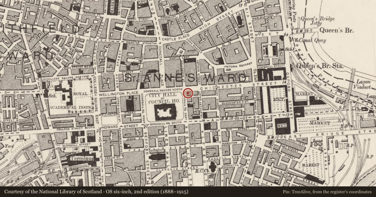 Ordnance Survey six-inch map, 2nd edition (1888–1915) covering the location of 1-3 Donegall Square East And 1-5 Chichester St. Belfast, Town Parks, Belfast, with a pin at the register's coordinates