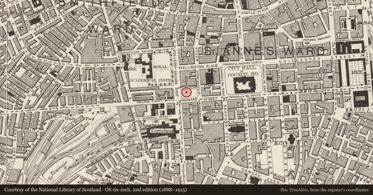 Ordnance Survey six-inch map, 2nd edition (1888–1915) covering the location of Church House and Assembly Hall, Town Parks, Belfast, with a pin at the register's coordinates