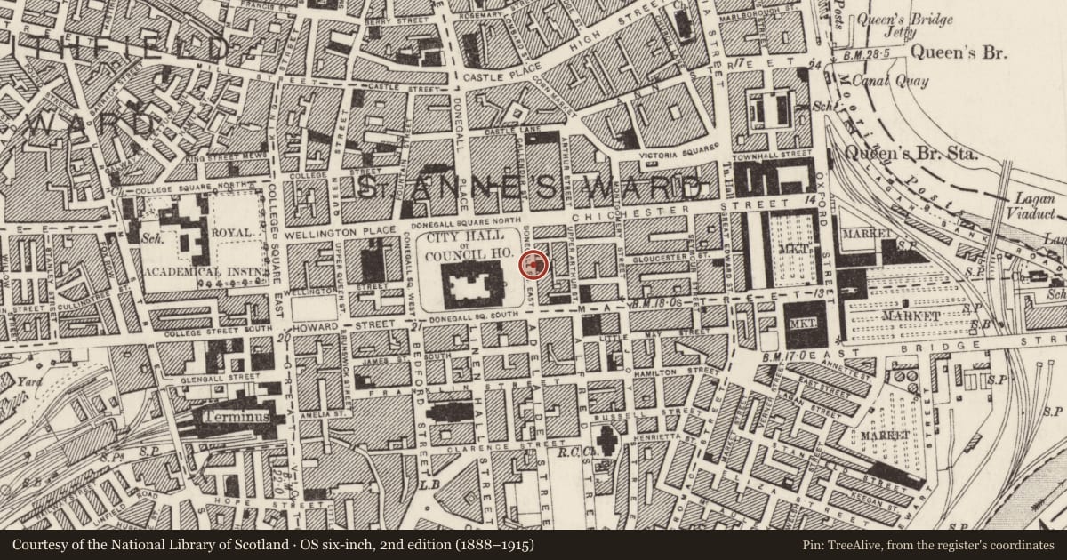 Ordnance Survey six-inch map, 2nd edition (1888–1915) covering the location of Ulster Bank, Town Parks, Belfast, with a pin at the register's coordinates