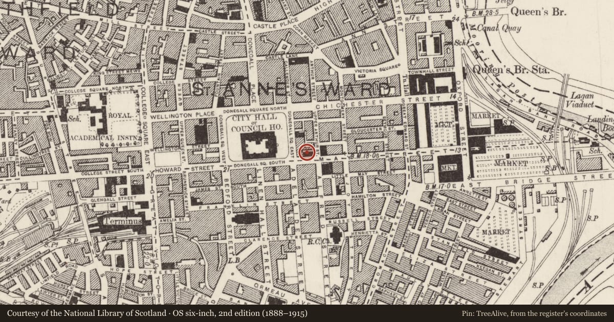 Ordnance Survey six-inch map, 2nd edition (1888–1915) covering the location of Clarence House, Town Parks, Belfast, with a pin at the register's coordinates