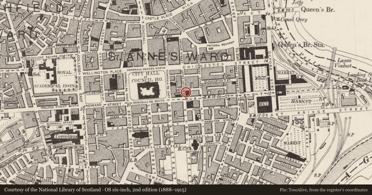 Ordnance Survey six-inch map, 2nd edition (1888–1915) covering the location of Victoria Memorial Hall, Belfast, with a pin at the register's coordinates